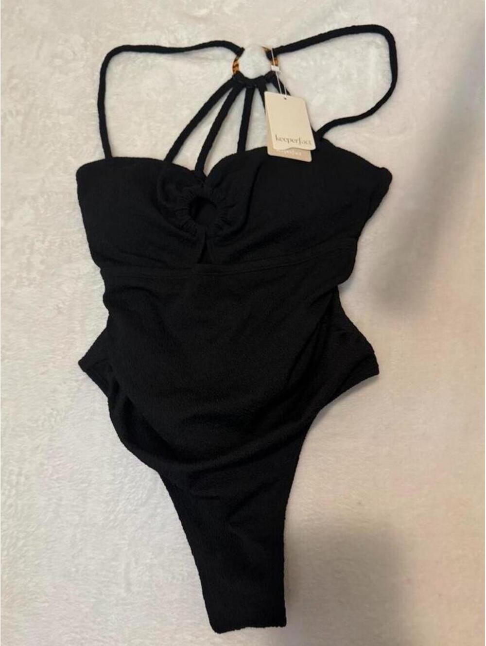 Keeperfact Black Textured Crinkle Halter Swimsuit large [COPY]